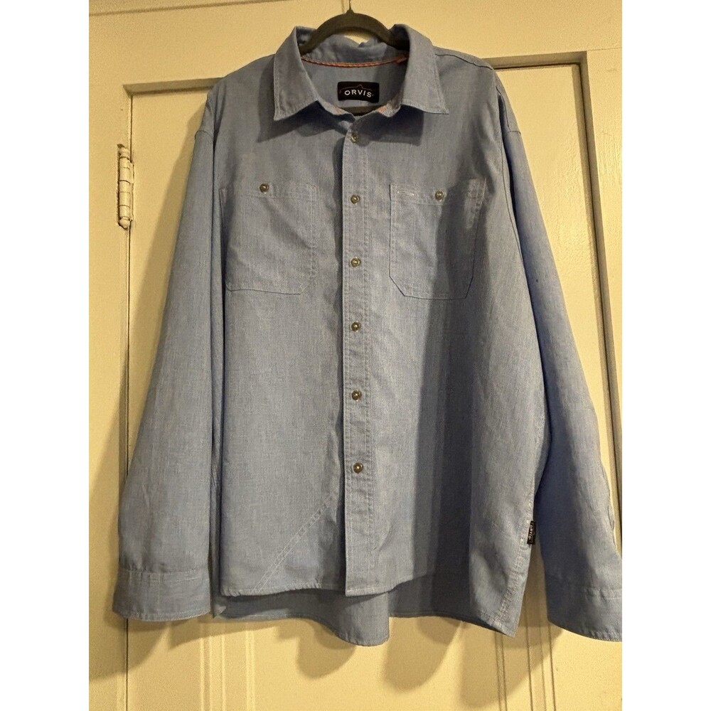 Orvis Tech Chambray Work Shirt Blue Button Up Active Fit Men’s Trout Bum XXL
